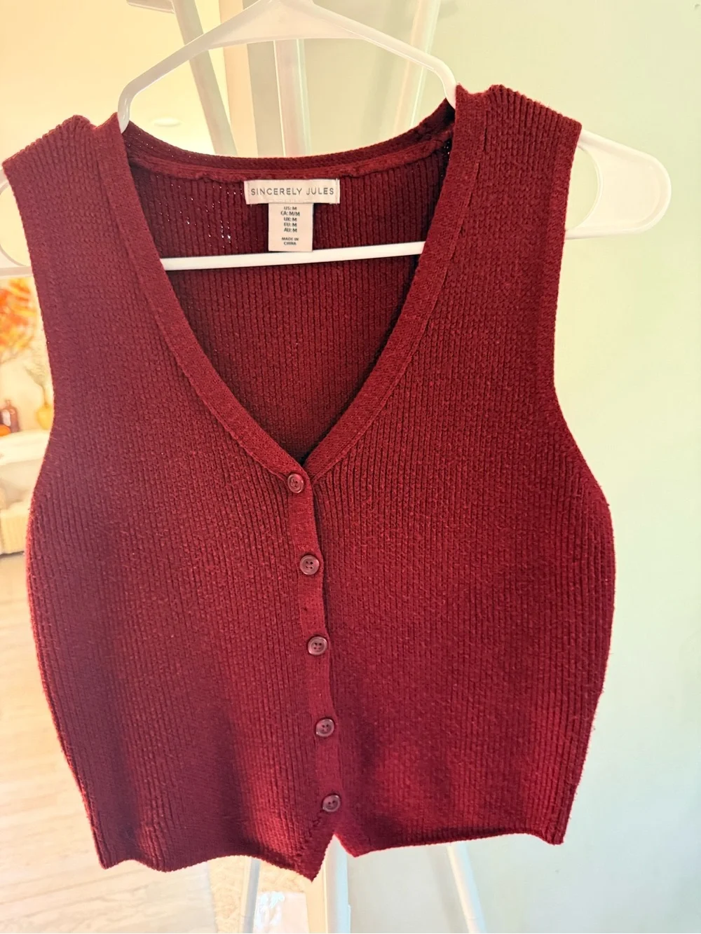 Sincerly Jules Deep Burgundy V-Neck Button Front Sweater Vest
